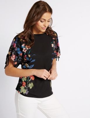 Mirror Floral Print Tie Sleeve Jersey Top